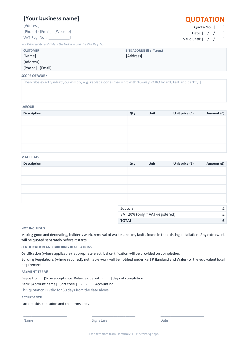 Preview of the free electrical quote template: business details, customer, scope of work, labour and materials tables, VAT, totals, terms and signature.